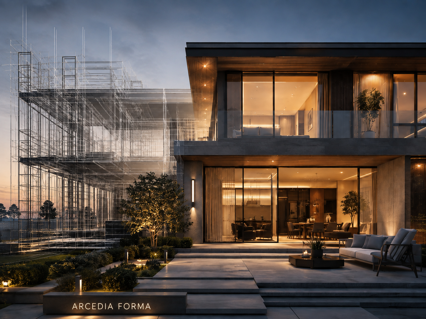 ARCEDIA FORMA tabelalı, akşam ışığında modern bir konut mimarisi projesi.