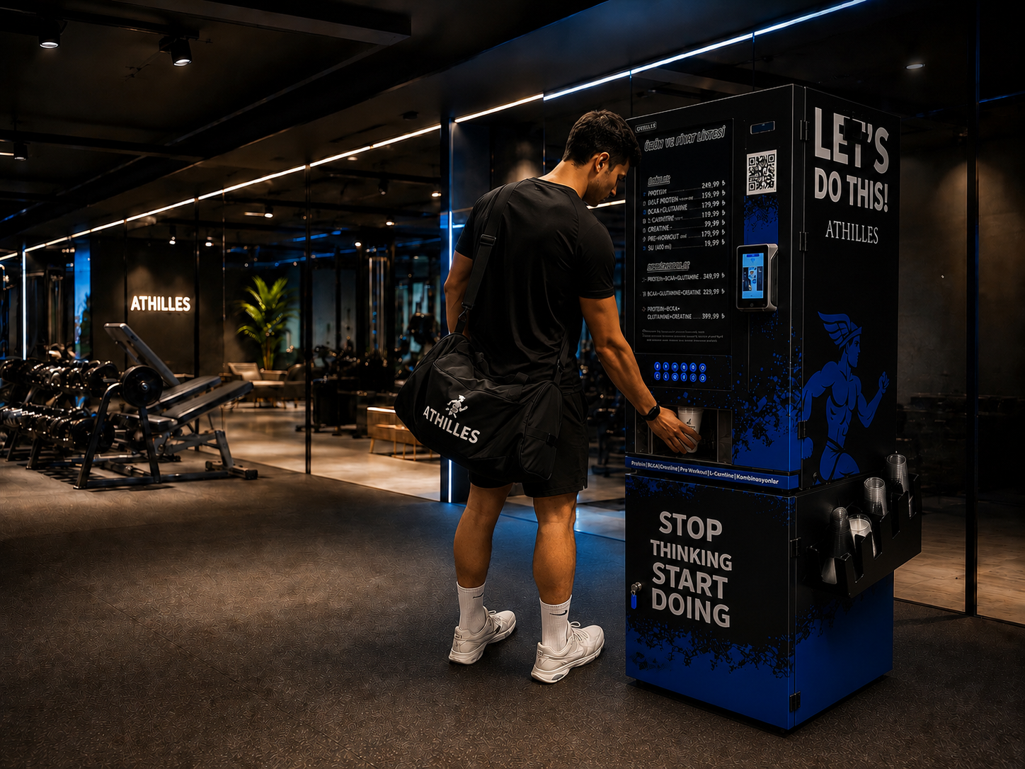Bir spor salonunda ATHILLES markalı takviye edici gıda otomatından ürün alan sporcu.