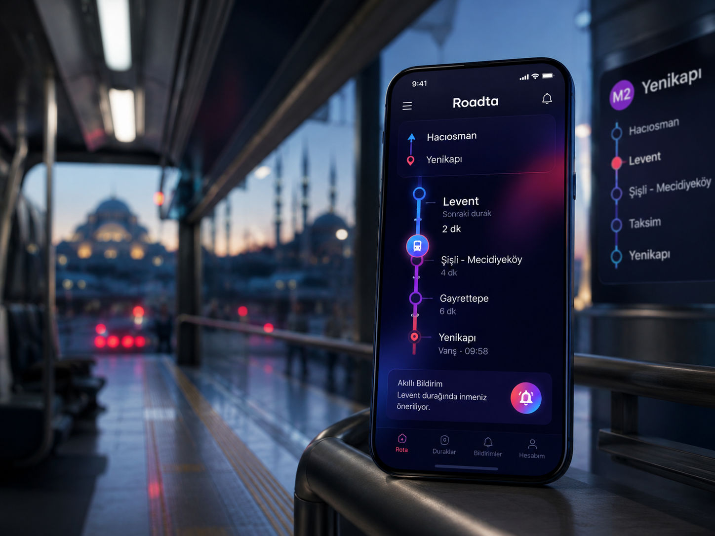 Roadta mobil uygulamasının bir toplu taşıma durağında akıllı telefon ekranında gösterimi.