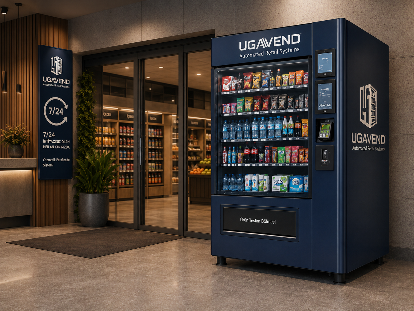 Bir mekan girişinde konumlandırılmış UGAVEND otomatik satış kiosku.